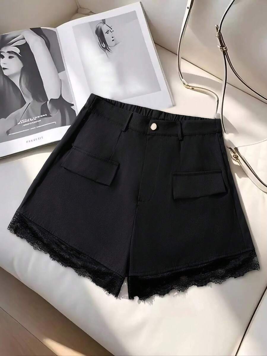 GlowEve CURVE Plus Size Women Solid Color Contrast Lace Shorts - Black - View 1