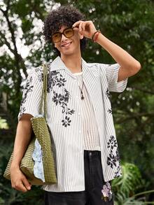 Open Phase Printed Shirt, Retro Style, Black & White, Giraffe Jungle Pattern, Vacation Shirt, Minimalist Fashion, Mature & Elegant, Artistic Design, Casual Outings, Leisure & Holiday Shirt, Short Sleeve, Hawaiian Attire - Grey - View 1