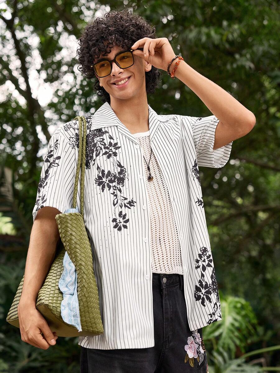 Open Phase Printed Shirt, Retro Style, Black & White, Giraffe Jungle Pattern, Vacation Shirt, Minimalist Fashion, Mature & Elegant, Artistic Design, Casual Outings, Leisure & Holiday Shirt, Short Sleeve, Hawaiian Attire - Grey - View 1