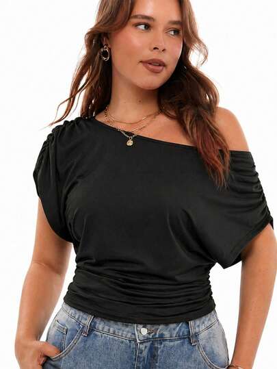 Solavibe 大码女装春夏时尚休闲宽松舒适日常百搭修身黑色露肩短袖T恤，简约风格，工作上衣，欧洲夏季，露肩上衣，女士教堂服装，教师服装