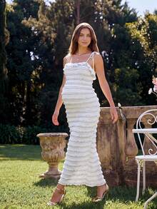 Lyckli Vestido de tirantes de verano ajustado con volantes de unicolor para maternidad - Blanco - Ver 3