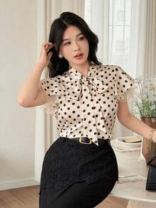 Feyla 女士时尚优雅波点印花系领荷叶袖衬衫 - 彩色 - 查看 7