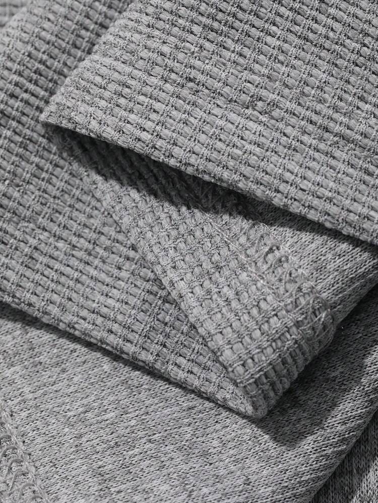 Grey Textured Fabric Half-Zip Crew Neck Short Sleeve T-Shirt, Plus Size For Men