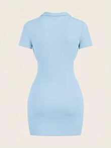 SHEIN BASICS Bộ 2 chiếc đầm ngắn dệt kim cổ bẻ màu trơn dáng casual có khóa kéo nửa thân dành cho nữ. - Nhiều màu - Xem 6