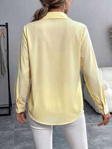 SHEIN PariChic 刺绣条纹翻领长袖纽扣休闲衬衫 - 淡黃色 - 查看 2