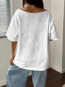 Short-Sleeved, Round-Neck Top, Local Urban Fashion For Spring/Summer. Women's Blouses, Women's T-Shirts. 180g (S-XXXL) Women's Loose-Fitting Striped Vacation-Style T-Shirt. - 白色 2 - 查看 2