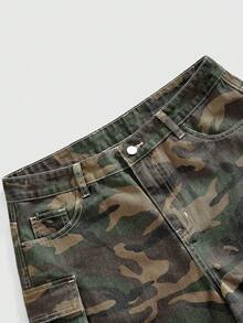 ROMWE MEN Pantalones cortos de mezclilla cargo de camuflaje para hombres - Verde militar - Ver 3