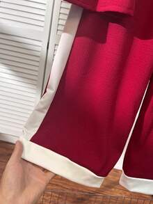 少女休闲百搭日常及假日黑白撞色滚边无袖圆领T恤+阔腿梭织裤套装 - 酒紅色 - 查看 8