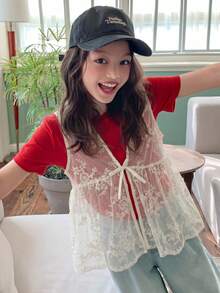 Dazy Kids Áo kiểu ren phối nhiều mảnh buộc dây dành cho bé gái tuổi teen, kiểu dáng thường ngày đa năng, thích hợp mặc hàng ngày. - Màu be - Xem 4