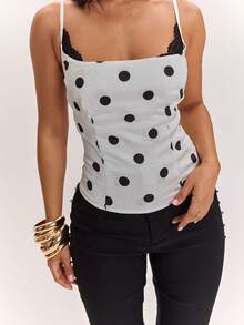 SHEIN BAE Women's Elegant And Casual Polka Dot Lace-Trimmed Camisole Top For Spring Summer, Corset, Women, Breaks , Valentine's Day, Party - Black and White - View 7