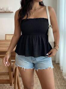 Enliva Plus Size Solid Color Wrapped Bust Summer Boho Tube Top - Black - View 4