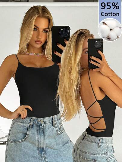 SHEIN BAE Women's 95% Cotton Black Sexy Criss-Cross Backless Tank Top - Cute Soft Girl & Clean Girl Y2K Retro Vintage Style, Casual Minimalist Elegant Versatile Top For Sports, Gym, Workout & Fitness, Western Festivals, Sweet Dates, Afternoon Tea Outfits, Casual Home Wear, Back To School & Perfect For Spring/Summer Vacation Travel