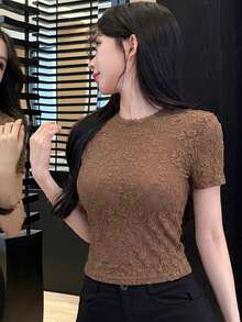 DAZY 棕色花卉印花蕾絲短版上衣，適合婚禮、派對、音樂節，修身短袖女款 T-shirt，春/夏季 - 棕色 - 查看 4