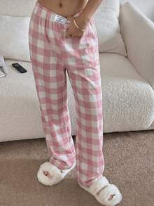 Napfluff Pantalones de estar por casa rectos de cintura elástica con estampado de cuadros rosas para mujer - Rosa - Ver 4