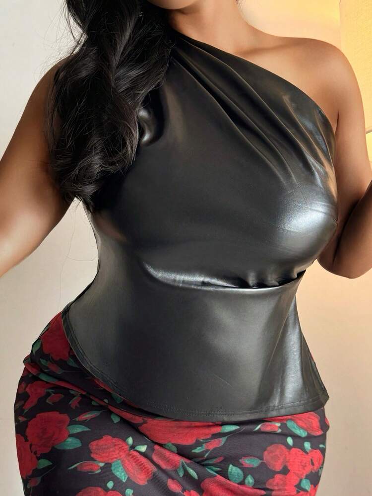 Dazy Plus PU Leather Elastic Fitted Streetwear Sleeveless Crop Top, Off-Shoulder Blogger Style, Plus Size Women Spring/Summer Sexy Vest