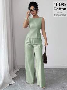 Elegante conjunto de dos piezas de lujo a cuadros negros, elegante blusa de verano con lazo en la espalda y pantalones de pierna ancha, conjunto a juego sexy con recorte y lazo en la espalda - verde menta - Ver 7