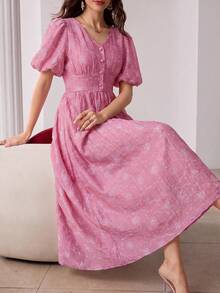 Modelyn V-Neck Puff Sleeve Jacquard Front Button Closure Pink Dress - Hot Pink - View 5