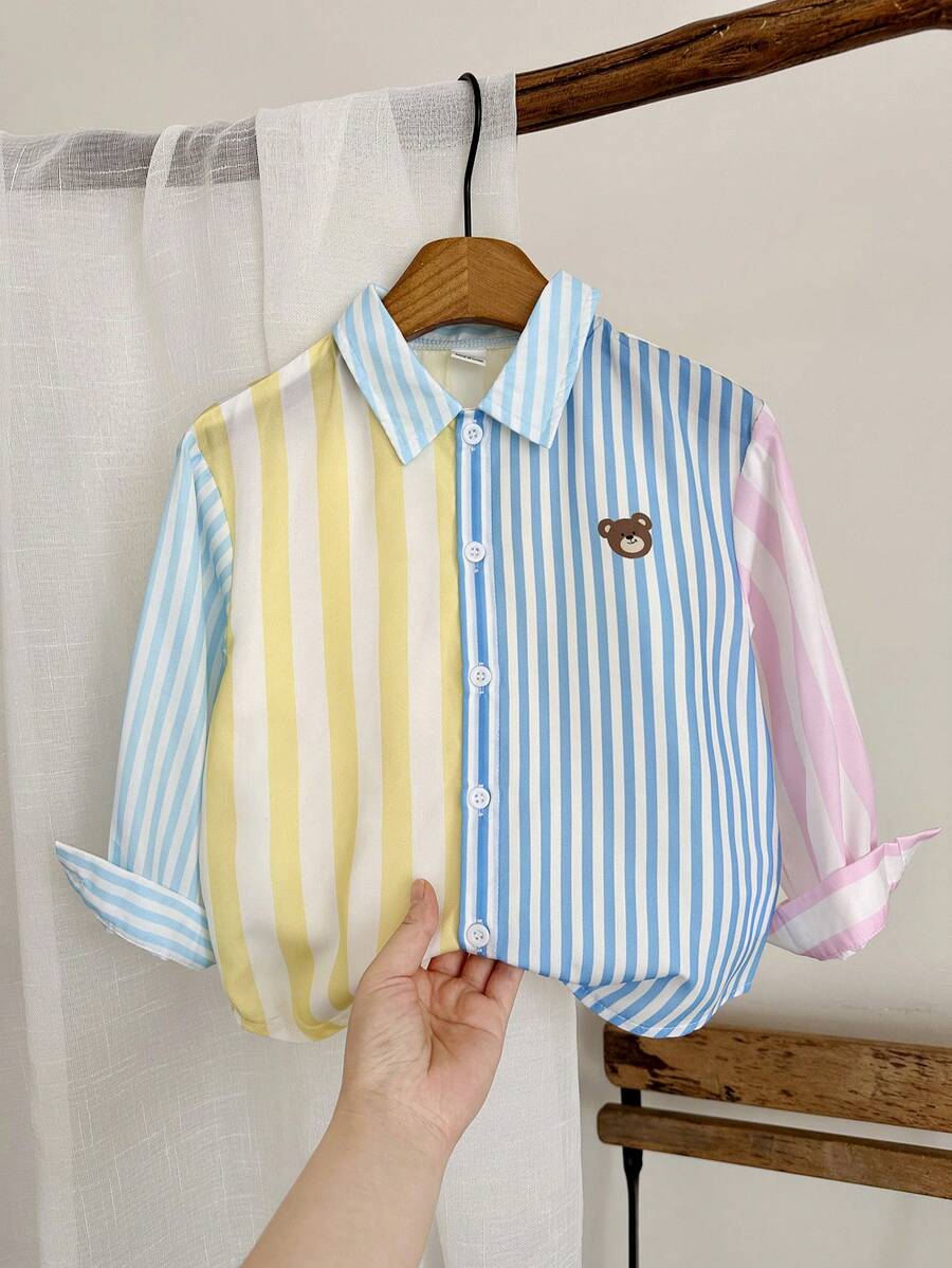 SHEIN 1 chiếc áo sơ mi dài tay cổ bẻ phối màu kẻ sọc có túi dành cho trẻ em/bé trai, thích hợp mặc hàng ngày, đi chơi, hoạt động ngoài trời, lễ hội, kỳ nghỉ hè ở bãi biển, mùa xuân/hè. - Nhiều màu - Xem 1