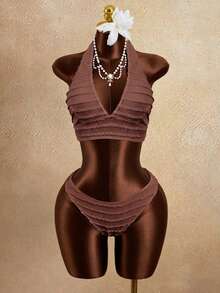 Zestiva Bộ bikini 3 mảnh dành cho nữ, chất liệu vải dệt hoa, kiểu cổ yếm, gợi cảm và ngọt ngào, thích hợp cho tiệc bãi biển và kỳ nghỉ. - Rỉ Nâu - Xem 4