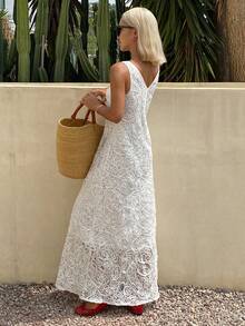 DAZY Women's V-Neck Sleeveless Embroidered Vacation Dress Sun Dresses For Women Summer Golf White Sexy - Ivory White - View 5