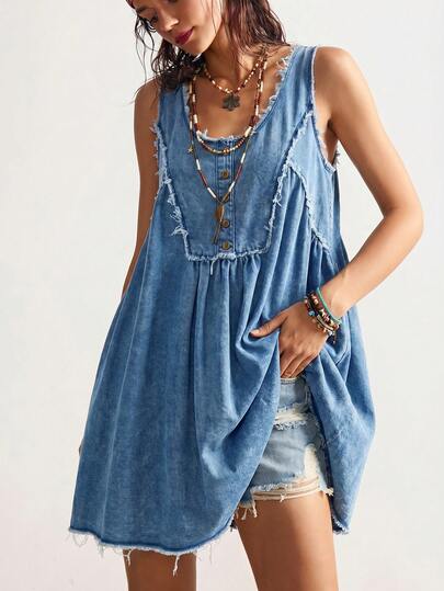 Bohemela 2026 Summer New Arrive, Bohemia Style Women's Frayed Ruffle Casual Denim Mini Dress For Party & Outing, Summer Dress, Summer Outfits, Button-Adorned Placket, Bohemia Style, Suitable For Party, Daily Commute, Wedding Attire, Office Attire, Work, Travel, Night Outing, Brunch, Club, Boho-A