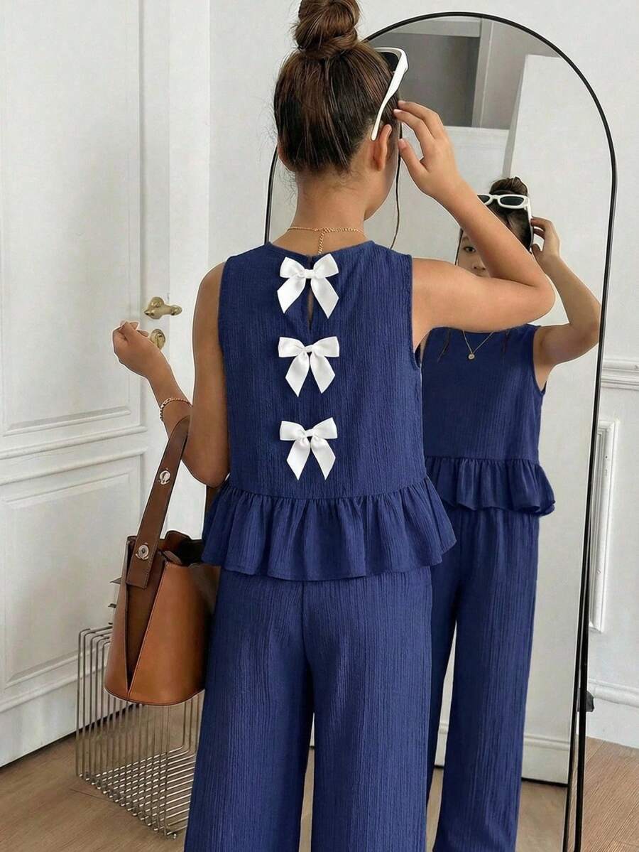 Conjunto de top con cuello redondo y pantalones con volantes, cómodo y casual para adolescentes - Azul - Ver 1
