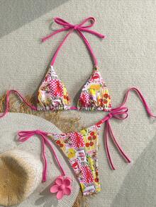 SHEIN Swim Mod 2026春夏甜辣风水果印花复古三角比基尼，系带性感高端简约分体泳衣 - 彩色 - 查看 6