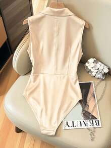 Ellevyn Women's Solid Color Lapel NeckSleeveless Bodysuit - Apricot - View 2