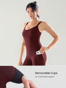 GLOWMODE 24" FeatherFit™-Air Feel Good Moves Buttery-Soft Stretchy Sweat-Wicking Removable Cups Side Pockets Open-Back Bodysuit Low Impact Yoga Pilates Gym Studio Daily Casual Wear - Burgundy - View 3