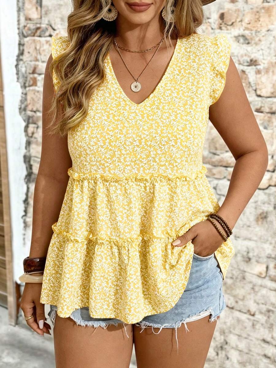 EMERY ROSE Plus Size Woven Floral V-Neck Flutter Sleeve Ruffle Trim Elegant Blouse, Suitable For Vacation, Outdoor, Daily Wear, Spring/Summer - Yellow - View 1