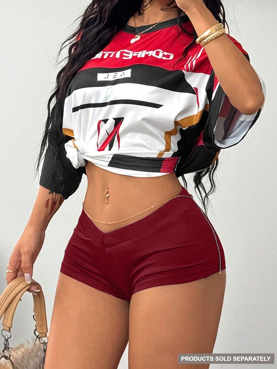 Coolane 女士夏季Y2K极简度假装扮外出低腰弹力松紧腰带舒适黑色运动短裤 - 酒紅色 - 查看 1