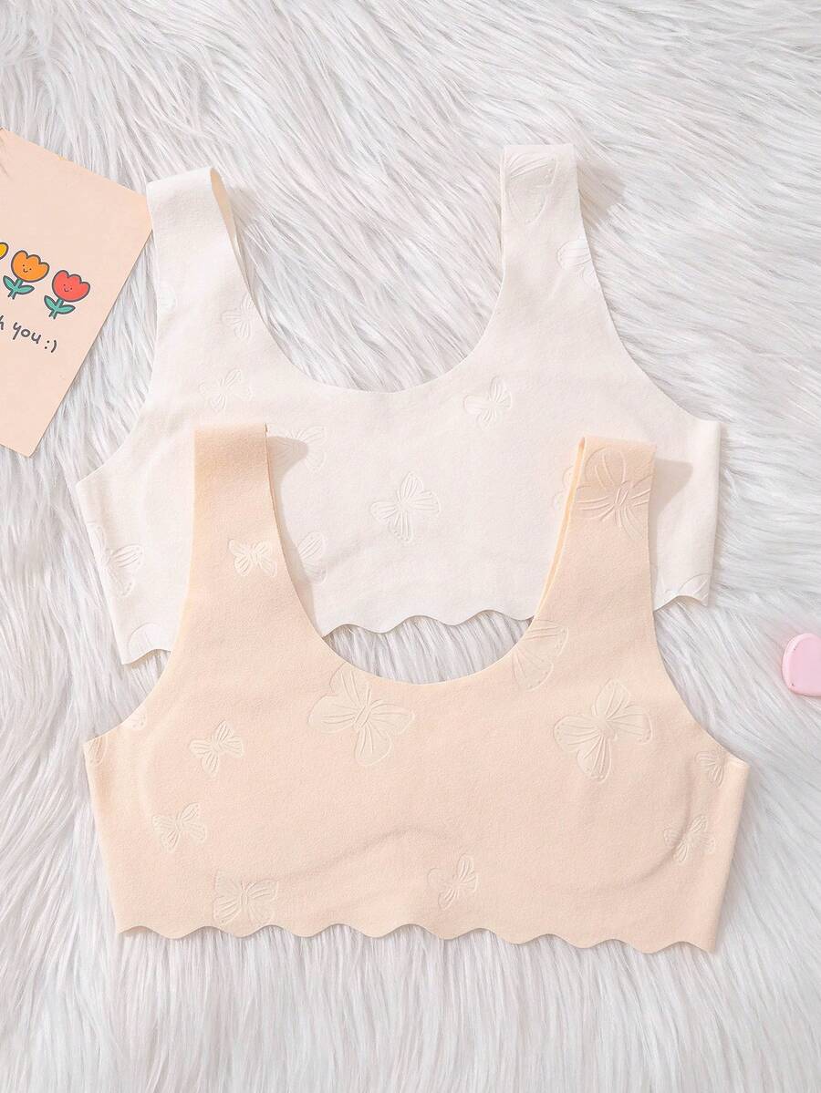 2-Piece Tween Girls Round Neck Sleeveless Seamless Bralettes,Embossed Butterfly Patterns,Smooth Knit Fabric,Skin-Friendly White,Winter,Basics Layer - Multicolor - View 1