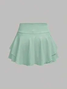 Tween Girls' Solid Color Pleated Casual Versatile Daily & Sports Skorts - Green - View 6