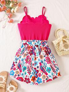 SHEIN Sparklyn Teen Girl Summer Beach Vacation Floral Print Patchwork Shell Trim Belted Camisole Romper - Hot Pink - View 2