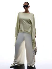 SHEIN EZwear 大尺碼女款純色蝙蝠袖蕾絲下擺優雅上衣，適合新媽媽 - 綠色 - 查看 6