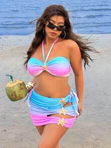 Swim Vcay Plus Size Women Casual Minimalist Beach Vacation Ombre Random Star Print 3-Piece Swimwear Set - Multicolor - View 5