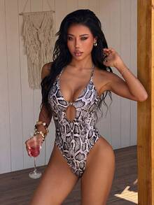 SHEIN Swim Vcay 女士全印花挂脖系带连体泳衣，适合海滩度假、泳池派对、沙滩派对 - 棕色 - 查看 3