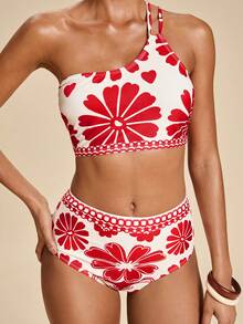 Travachic Conjunto de bikini de tirantes finos asimétricos de hombro estilo retro para mujer, para verano - Multicolor - Ver 1
