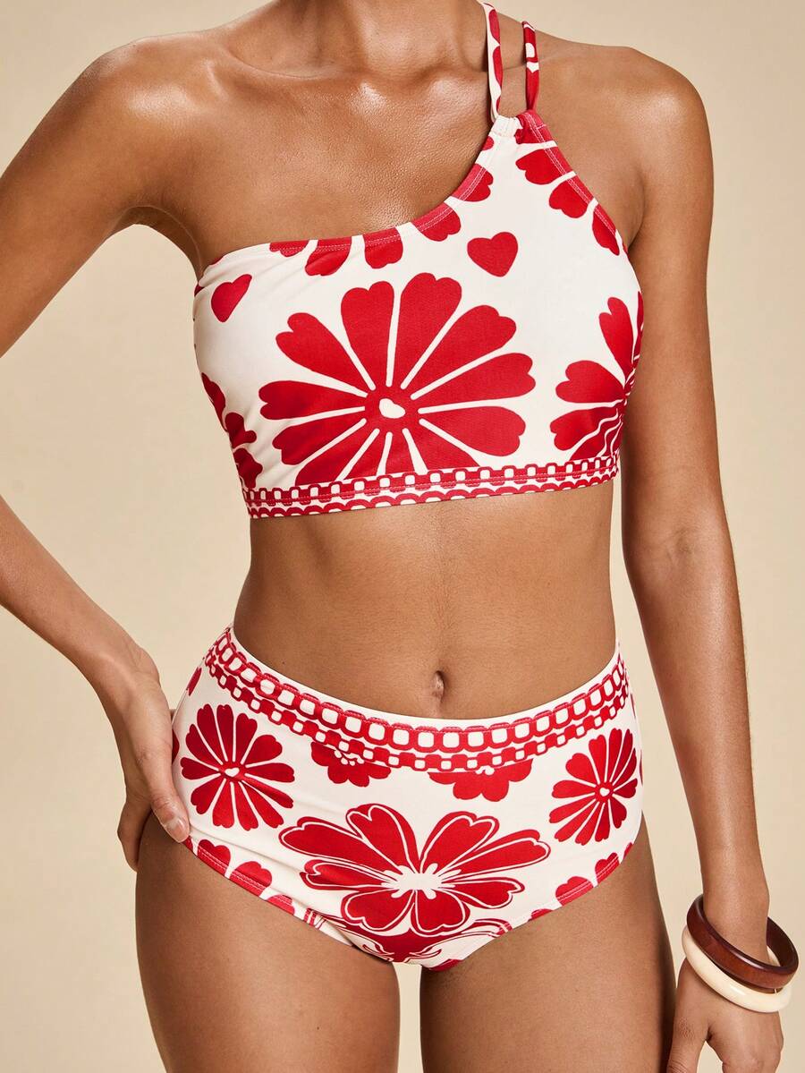Travachic Conjunto de bikini de tirantes finos asimétricos de hombro estilo retro para mujer, para verano - Multicolor - Ver 1