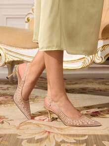 CUCCOO TILAWA Tacones altos dorados de punta fina para mujer, completamente decorados con rhinestones, diseño de correa ajustable, adecuados para todas las estaciones - Elegante atuendo bohemio de estilo del Medio Oriente para la calle, adecuado para el Día de San Valentín, la oficina y ocasiones casuales - Dorado - Ver 3