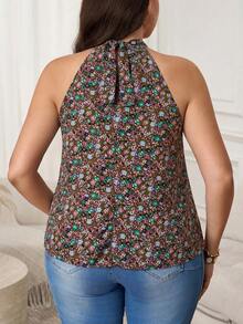 SHEIN LUNE Plus Size Summer Ditsy Floral Casual Versatile Halter Neck Camisole - Multicolor - View 4