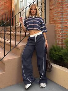 BiaLiraa Women's Color Block Drawstring Waist Wide-Leg Loose Casual Pants Fall Cloth For Women - Navy Blue - View 1