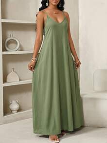 SHEIN Lady Women's Solid Color Minimalist Everyday Maxi Slip Dress - Green - View 6