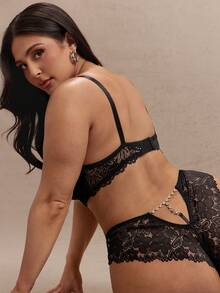 SHEIN BAE Plus Size Rhinestone Decorated Cut Out Lace Panty Lingerie, Lingerie For Women,Sexy,Valentine's Day,Wedding - Black - View 8