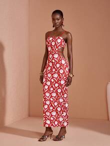 JIAN LASALA Vestido midi de mujer de Body ceñido con tirantes finos y sin mangas con estampado multicolor - Rojo - Ver 3