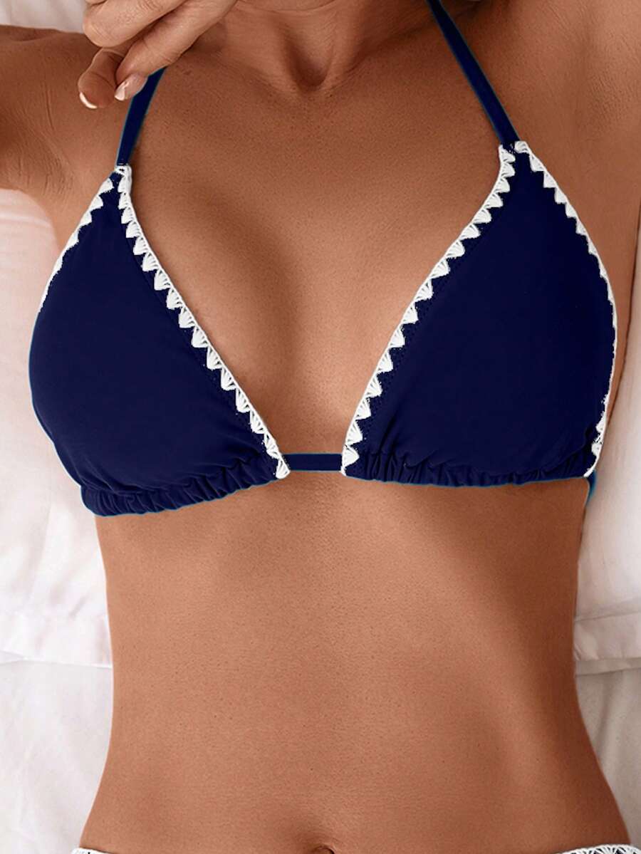 Swim Basics 女士夏季度假沙滩碎花饰边挂脖泳衣上装 - 藏蓝色 - 查看 1