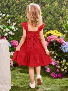 SHEIN Young Girl Ruffled Cap Sleeve Summer Vacation Dress - Red - View 3