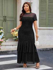 Elenzga Plus Size Women's Elegant Black Trim Polka Dot Mesh Double Ruffle Hem Dress, Spring/Summer - Black - View 3