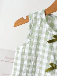SHEIN Vintaside Kids 女童夏季新款清新花卉格纹两件套，无袖上衣配同色蝴蝶结装饰+阔腿裤，甜美可爱日常穿搭，夏季 - 綠色 - 查看 5