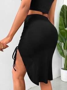 BamGleam Summer Solid Color Drawstring Split Bodycon Skirt - Black - View 2